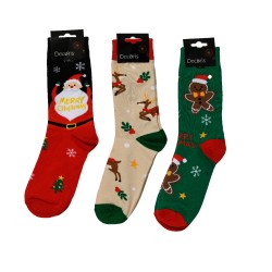 Chaussettes festives aux motifs de Noël : père Noël, rennes et bonhomme en pain d'épice.