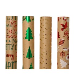 Quatre rouleaux de papier cadeau aux motifs festifs et colorés sur fond kraft.
