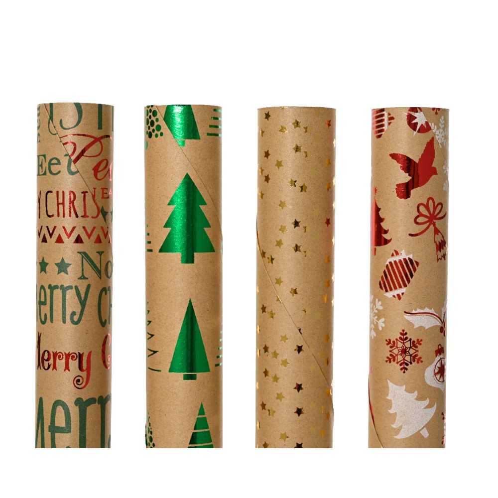 Quatre rouleaux de papier cadeau aux motifs festifs et colorés sur fond kraft.