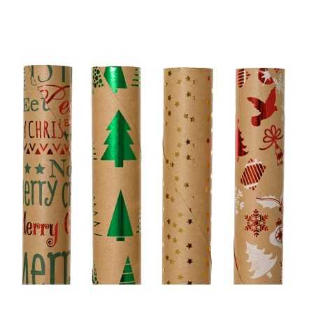 Quatre rouleaux de papier cadeau aux motifs festifs et colorés sur fond kraft.