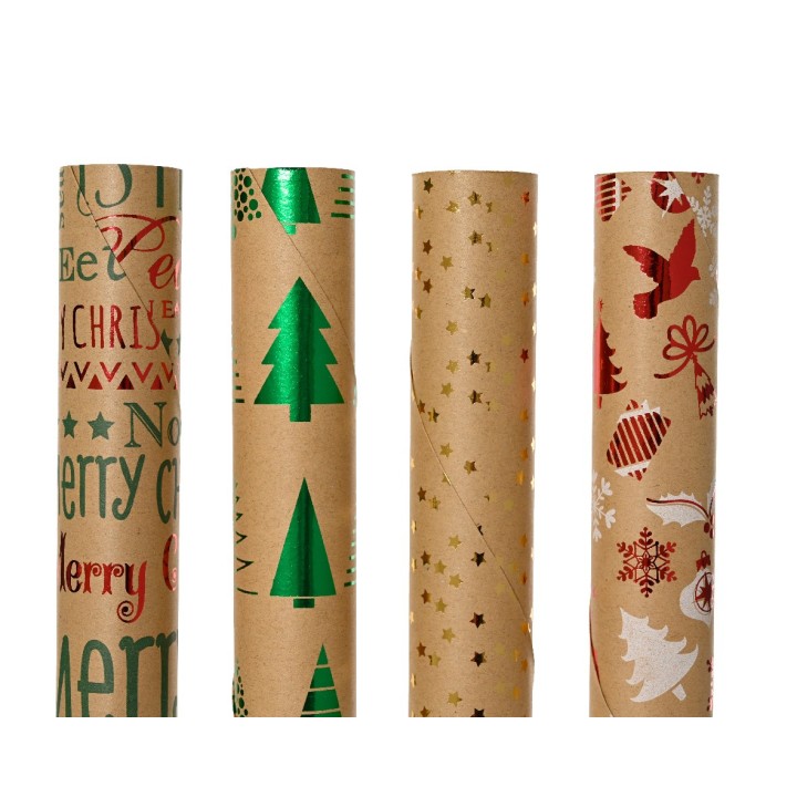 Quatre rouleaux de papier cadeau aux motifs festifs et colorés sur fond kraft.