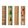 Quatre rouleaux de papier cadeau aux motifs festifs et colorés sur fond kraft.