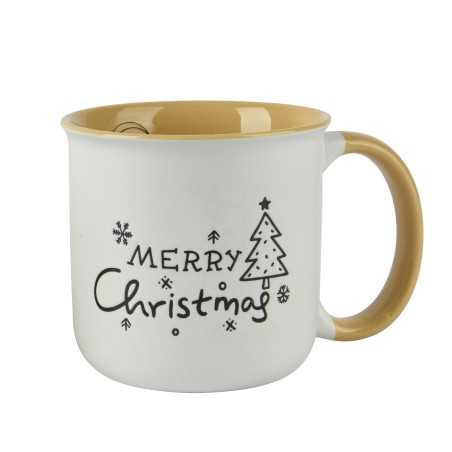 Tasse blanche avec inscriptions festives et intérieur doré, évoquant Noël.