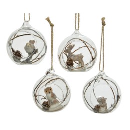 Boules en verre suspendues, ornées de petites figurines animalières et de branches naturelles.