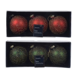 Boules de Noël en verre, rouges, vertes et dorées, avec motifs géométriques.