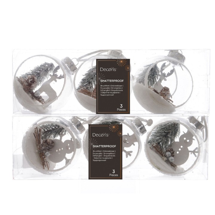 Boules de Noël transparentes avec décoration hivernale, blanches et argentées.