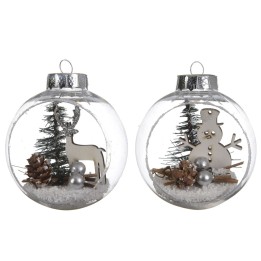 Boules de Noël transparentes avec renne et bonhomme de neige, décorées de sapins et paillettes.