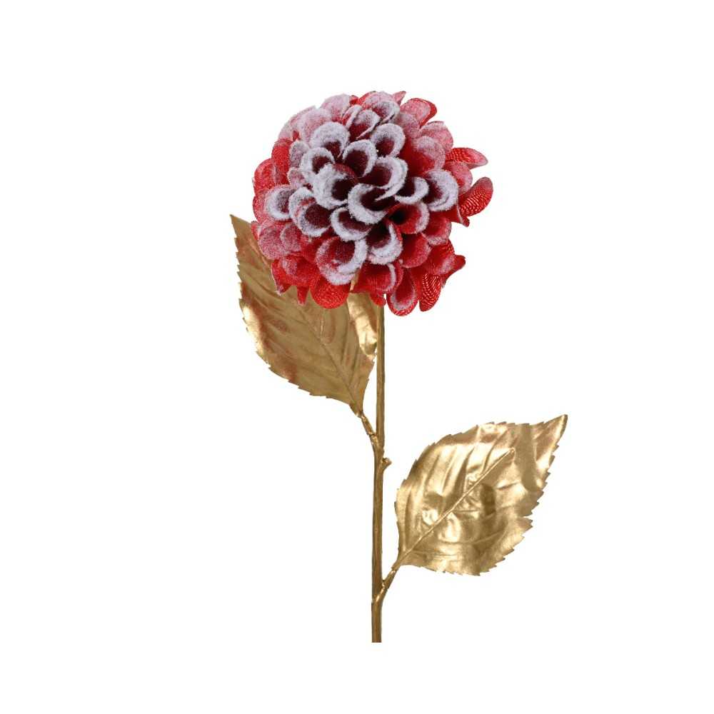 Fleur rouge ornée de pétales délicats, tige dorée avec feuilles brillantes.
