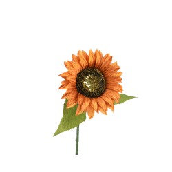 Tournesol orange avec pétales texturés et cœur scintillant, sur tige verte.