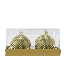 Boules décoratives dorées, texturées, présentées dans un emballage transparent élégant.