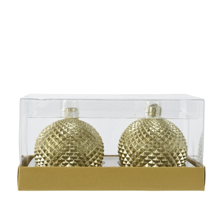 Boules décoratives dorées, texturées, présentées dans un emballage transparent élégant.