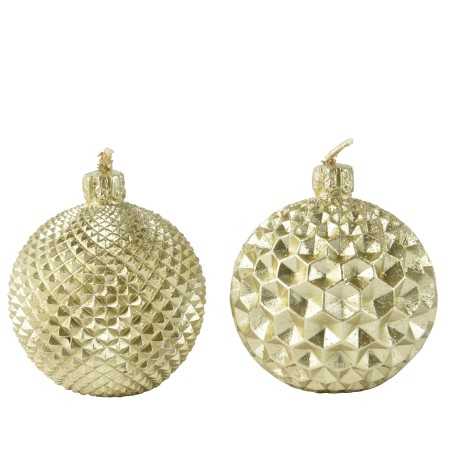 Boules de Noël dorées, ornées de motifs géométriques et d'une texture brillante.