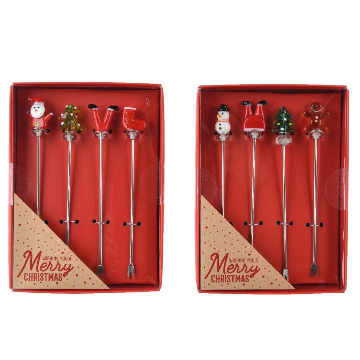Stylos festifs en métal avec décorations de Noël colorées dans une boîte rouge.