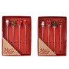 Stylos festifs en métal avec décorations de Noël colorées dans une boîte rouge.