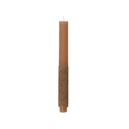 Bougie haute, couleur caramel, texture striée, base ornée de perles naturelles.