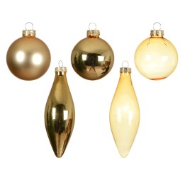 Boules de Noël dorées, variées en formes, brillantes et scintillantes.