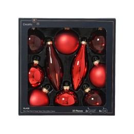 Boîte contenant dix ornements de Noël en verre rouge aux formes variées.