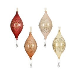 Ornements en verre aux teintes variées, ornés de motifs dorés et d'une goutte scintillante.