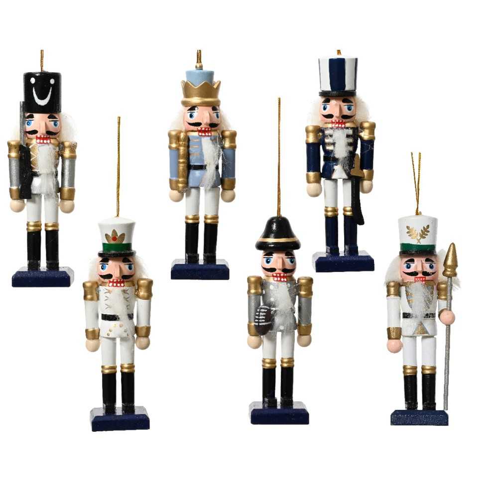 Six figurines de soldats en bois, colorées, ornées de dorures et avec des détails festifs.