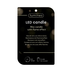 Étiquette noire pour bougie LED avec effet flamme, informations multilingues et design épuré.