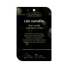 Étiquette noire pour bougie LED avec effet flamme, informations multilingues et design épuré.