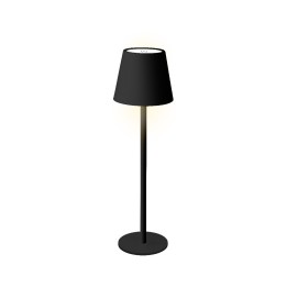 Lampe sur pied élégante, abat-jour noir, lumière douce émanant du dessus.