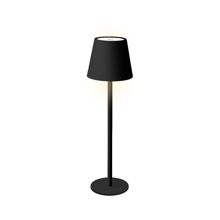 Lampe sur pied élégante, abat-jour noir, lumière douce émanant du dessus.