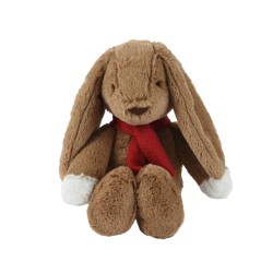 Lapin en peluche marron avec écharpe rouge, oreilles longues et pattes blanches.