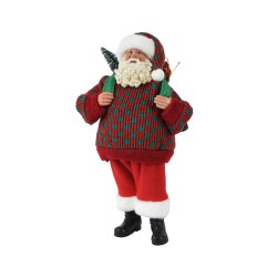 Père Noël jovial en pull tricoté, sac à dos, arborant des couleurs festives et un sourire cha...