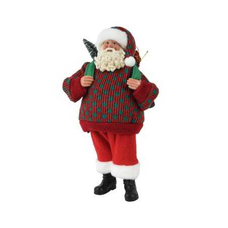 Père Noël jovial en pull tricoté, sac à dos, arborant des couleurs festives et un sourire cha...