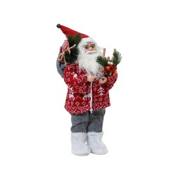 Père Noël en pull rouge, portant des décorations et un sac, sourire chaleureux.