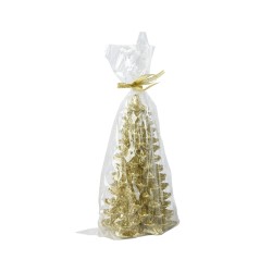 Un sapin doré scintillant, emballé dans un cellophane transparent.