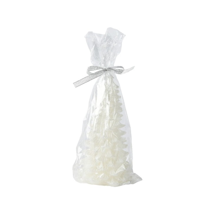 Sac transparent rempli de cristaux blancs, noué avec un ruban argenté.