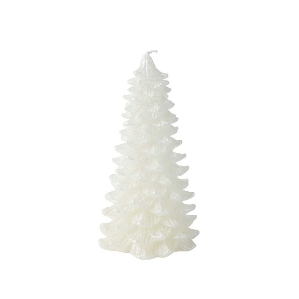 Cône élégant en cire blanche, aux contours festonnés, évoquant un sapin stylisé.