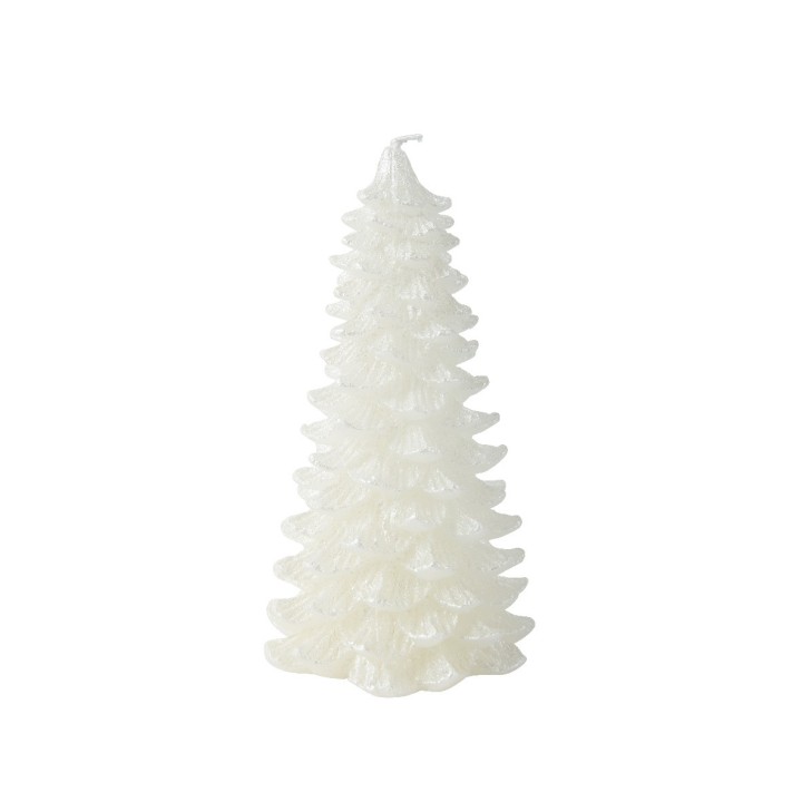 Cône élégant en cire blanche, aux contours festonnés, évoquant un sapin stylisé.