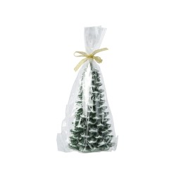 Petit sapin vert en plastique, enveloppé dans un film transparent avec un ruban doré.