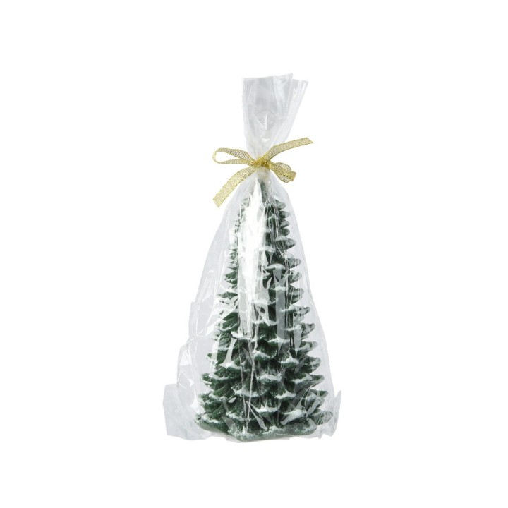 Petit sapin vert en plastique, enveloppé dans un film transparent avec un ruban doré.