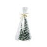 Petit sapin vert en plastique, enveloppé dans un film transparent avec un ruban doré.