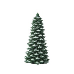 Bougie en forme de sapin, verte, avec des détails texturés évoquant des branches enneigées.