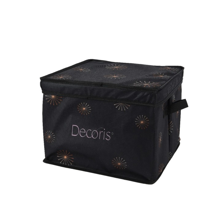 Coffre de rangement noir orné de motifs colorés en feux d'artifice, pratique et élégant.