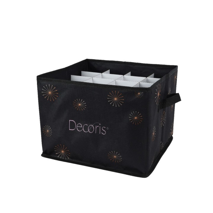 Panier de rangement noir orné de motifs dorés, pratique avec des compartiments intérieurs.