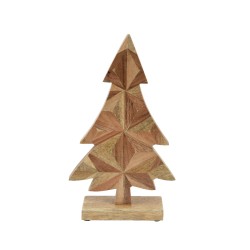 Sculpture en bois représentant un sapin stylisé aux formes géométriques.