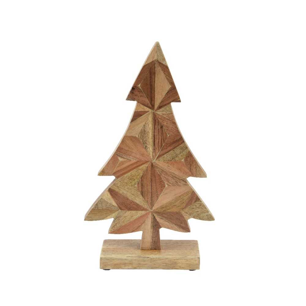 Sculpture en bois représentant un sapin stylisé aux formes géométriques.