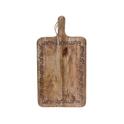 Planche à découper en bois avec une texture rustique et des motifs floraux gravés.