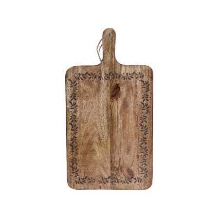 Planche à découper en bois avec une texture rustique et des motifs floraux gravés.