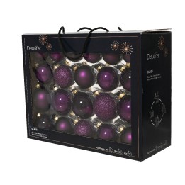 Assortiment de boules de Noël en verre violet, brillant et mat, dans un élégant emballage noir.