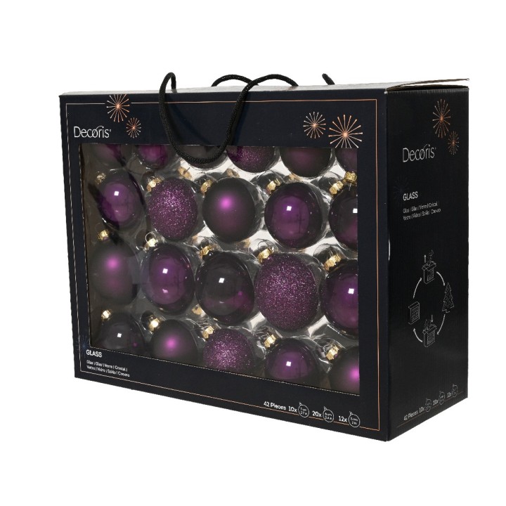 Assortiment de boules de Noël en verre violet, brillant et mat, dans un élégant emballage noir.
