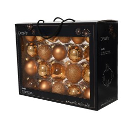 Coffret noir contenant des boules décoratives dorées brillantes et pailletées.