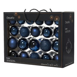 Assortiment de boules de Noël en verre, nuances de bleu, brillantes et mates, dans un emballage ...