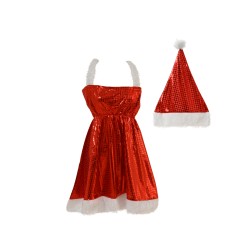 Robe scintillante rouge avec bordures blanches, accompagnée d'un chapeau de Noël assorti.